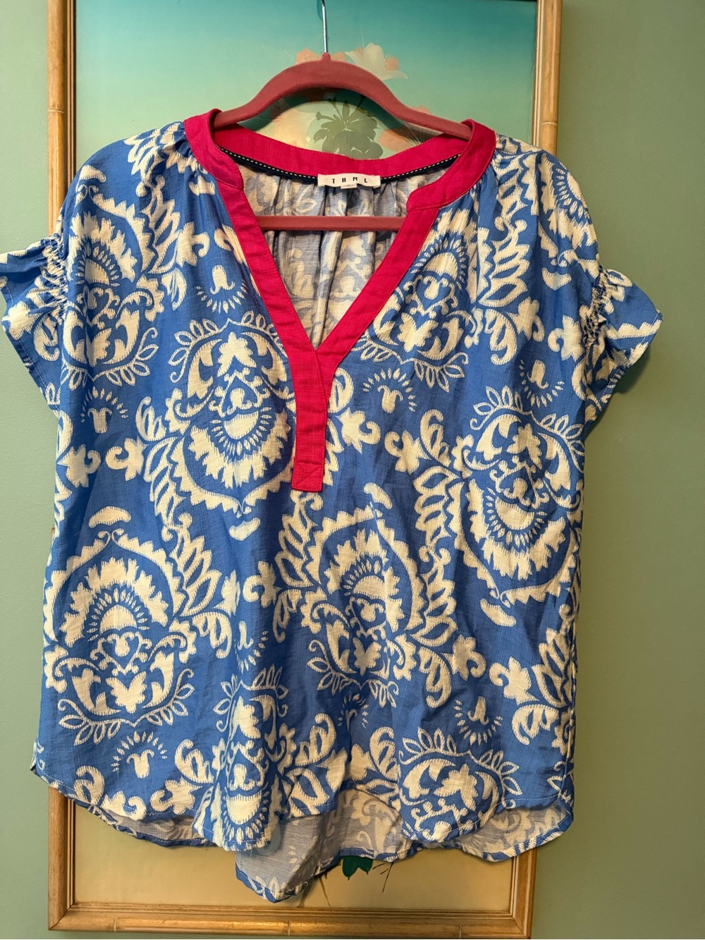 THML Pink-Trimmed Blue & Cream Patterned Top